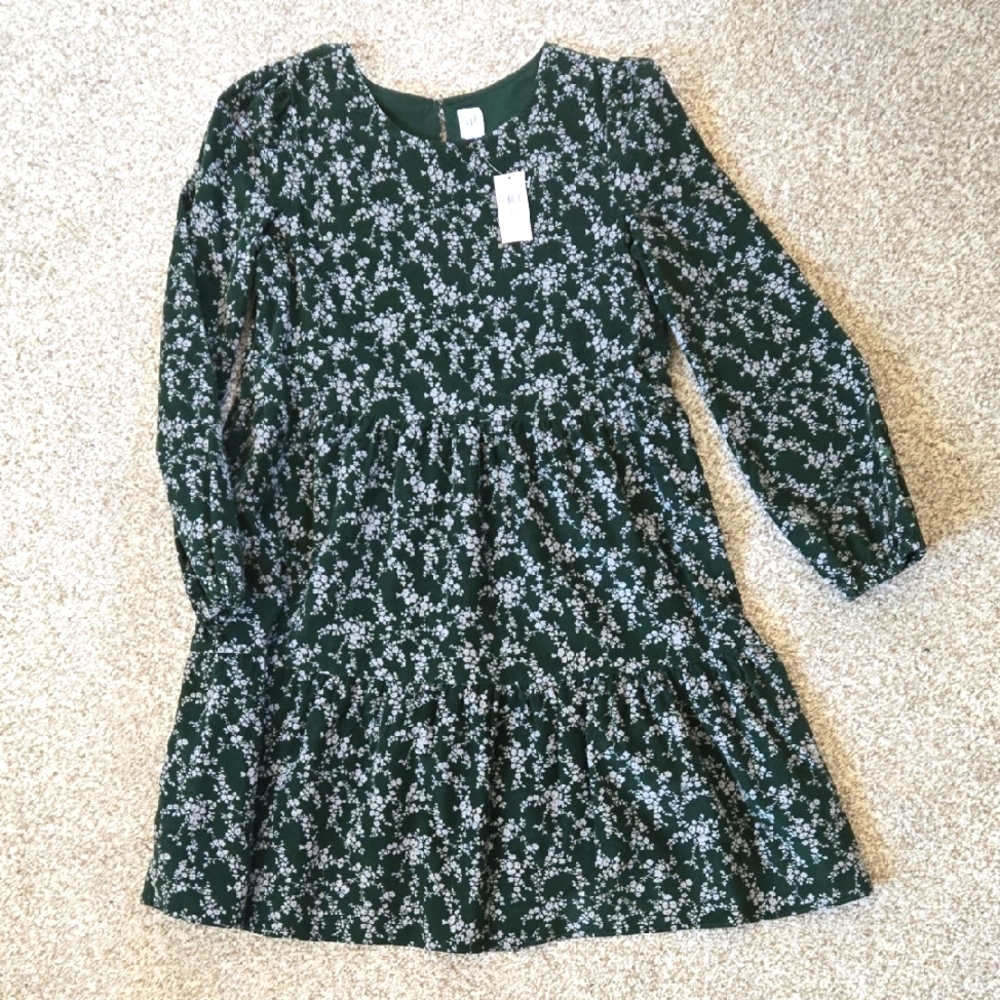 NWT GAP Dress XL Size 12 Green And Gray Floral Print Long Sleeve Fall